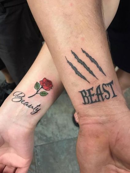 couple tattoos Rose flower for lover- beauty and beast design