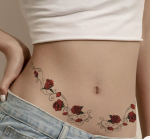 girl with red rose belly tattoo design