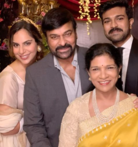 Ram charan family- Super star Chiranjivi, his wife, his son Ram charan and Ram charan's wife