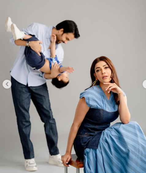 Kajal aggarwal and her husband playing with her son